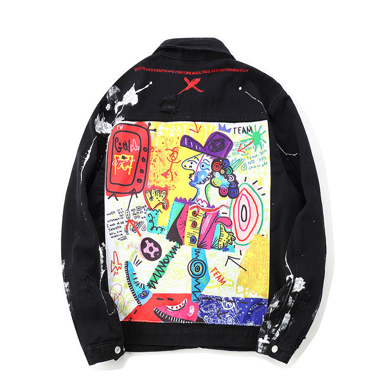 Men's Graffiti Print Denim Jacket - Black - Product Image 4