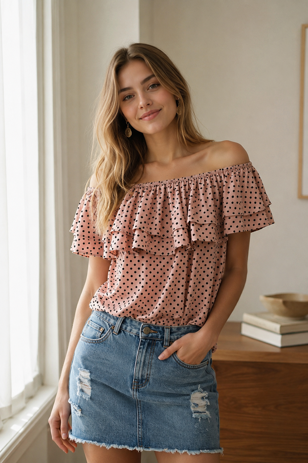 Polka Dot Ruffle Off-Shoulder Blouse - Mauve - Product Image 1