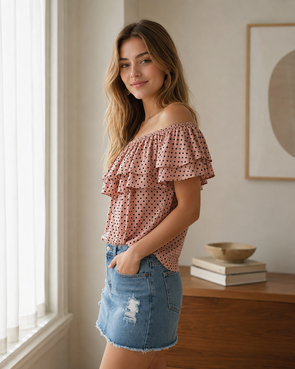 Polka Dot Ruffle Off-Shoulder Blouse - Mauve - Product Image 2