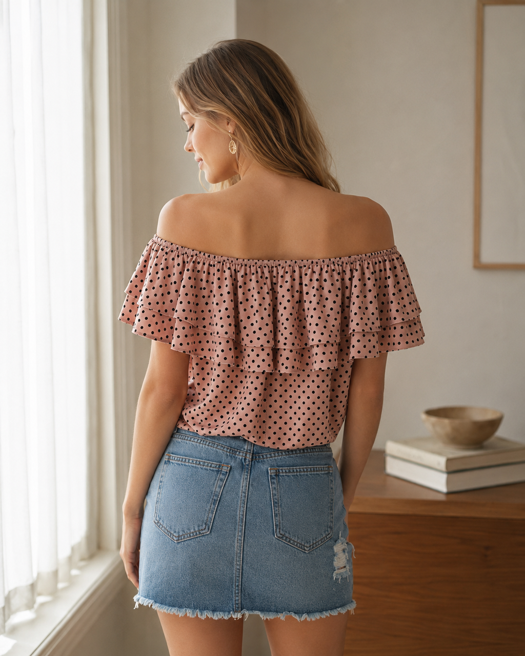 Polka Dot Ruffle Off-Shoulder Blouse - Mauve - Product Image 3