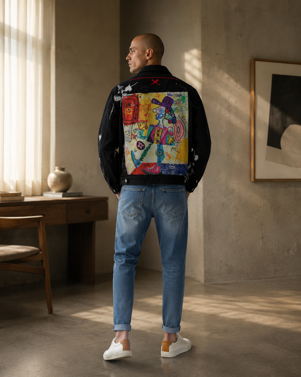 Men's Graffiti Print Denim Jacket - Black - Product Image 1