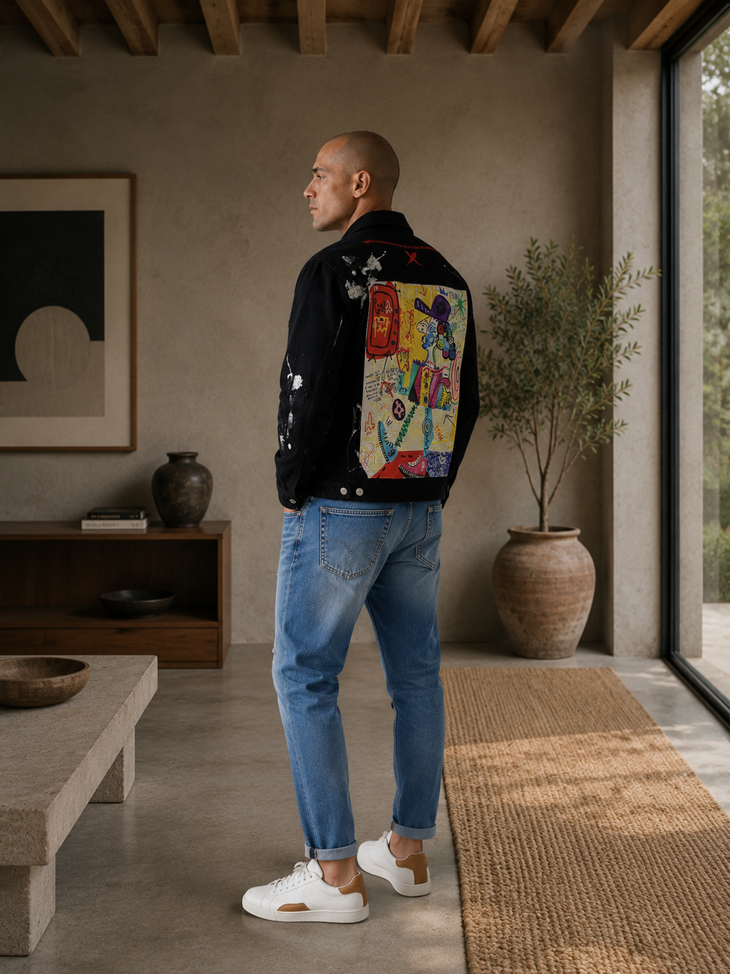 Men's Graffiti Print Denim Jacket - Black - Product Image 3