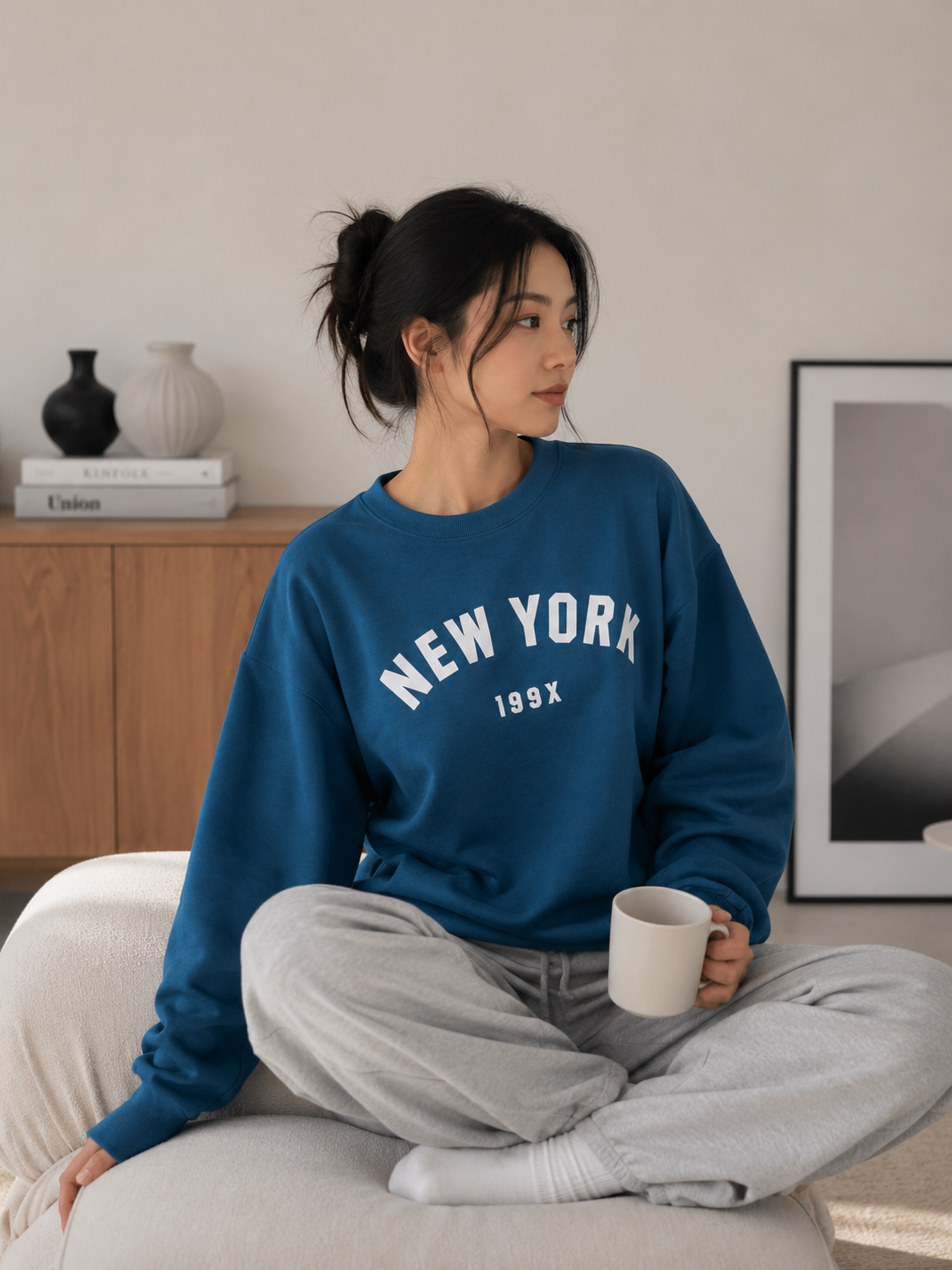 Women's Letter Print Graphic Sweatshirt - Blue - Product Image 1