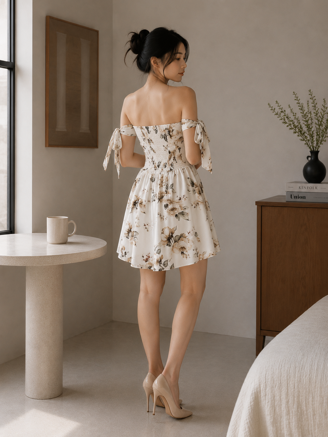 Women's Floral Off-Shoulder Romper - White Green Floral - Product Image 2