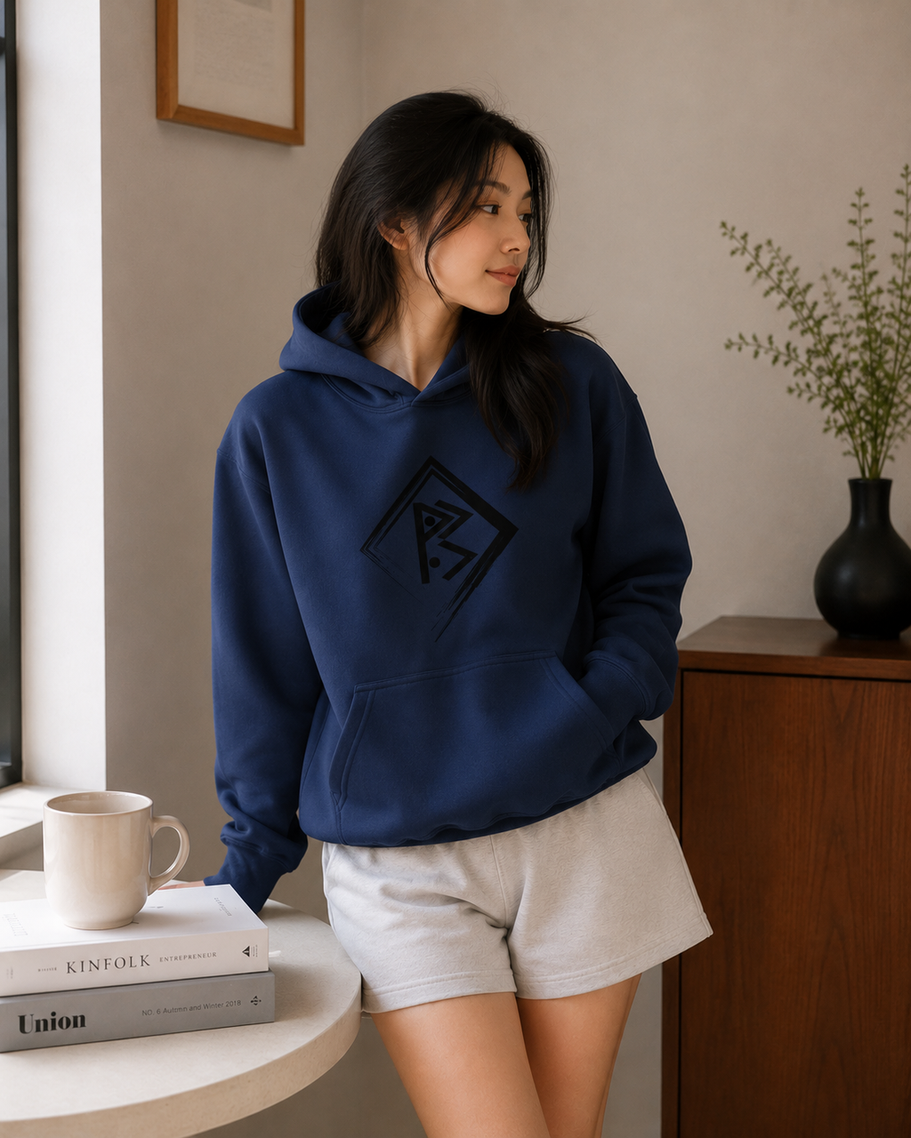 Korean Graphic Slouchy Hoodie - Navy Blue - Product Image 1