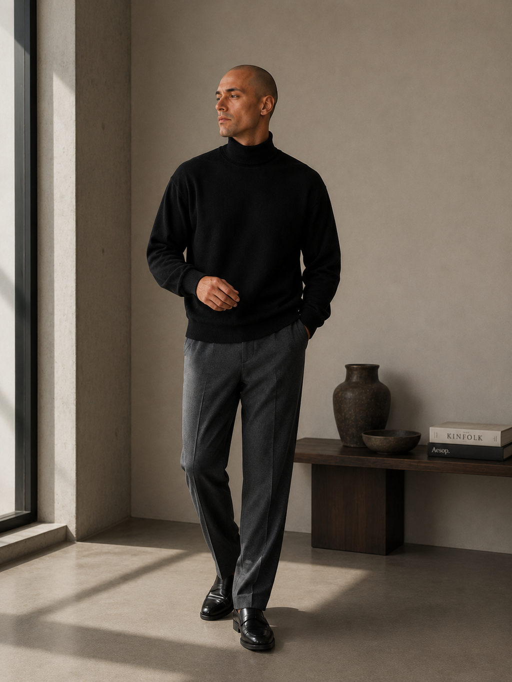 Men's Stand-Collar Long-Sleeve T-Shirt - Black - Product Image 1