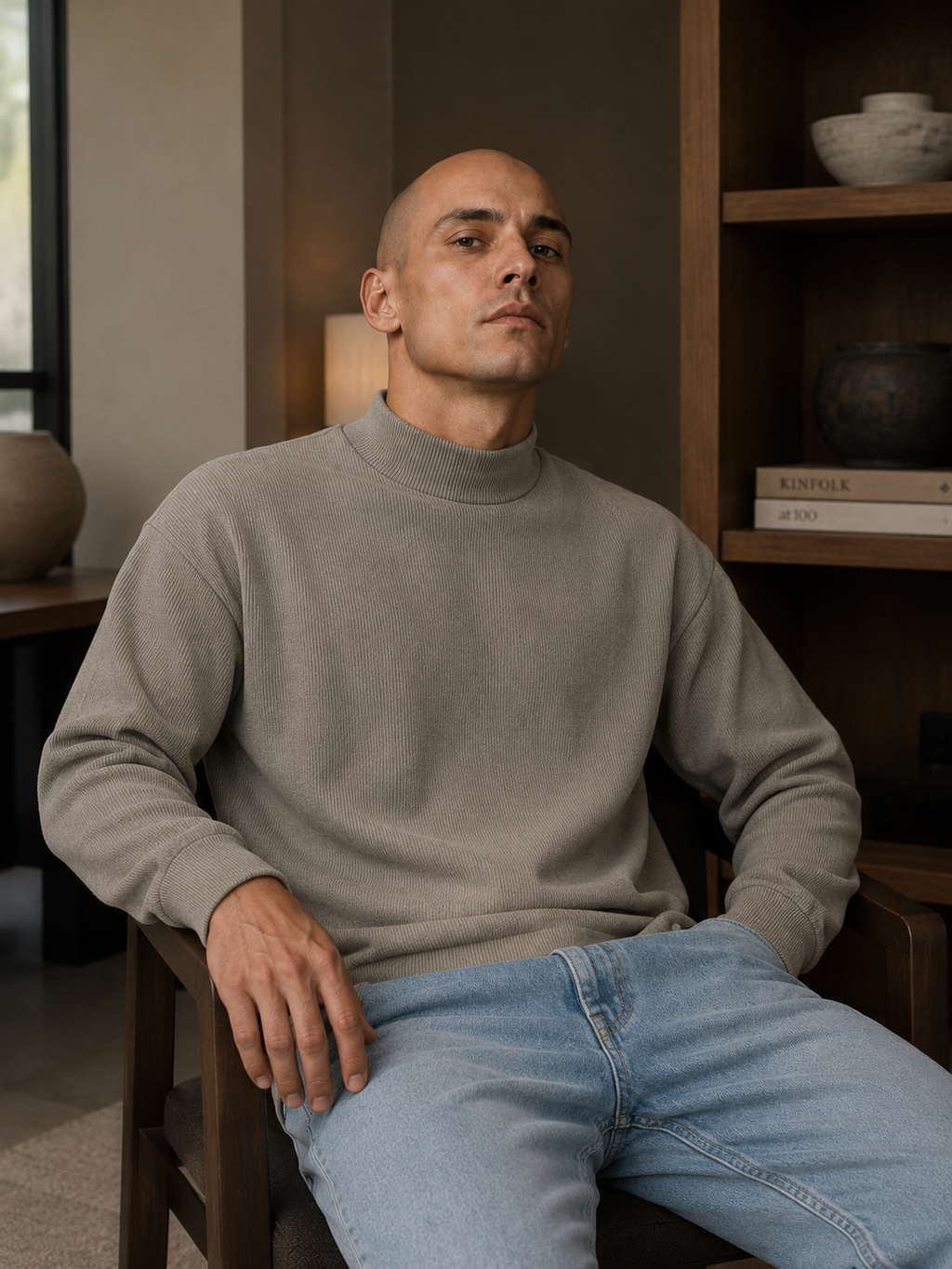 Men's Stand-Collar Long-Sleeve T-Shirt - Black - Product Image 4