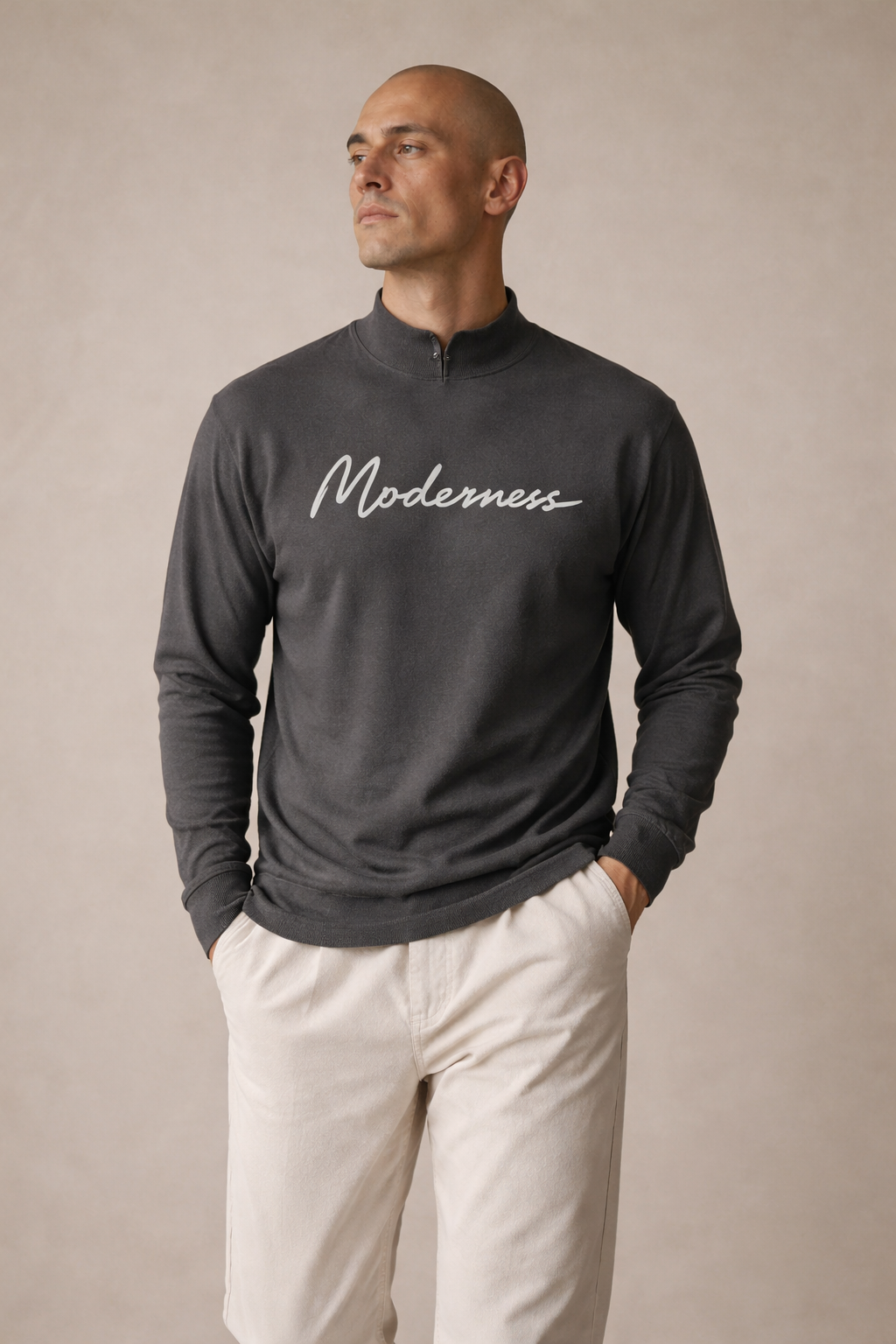 Modern Stand Collar Long Sleeve Tee — model photo
