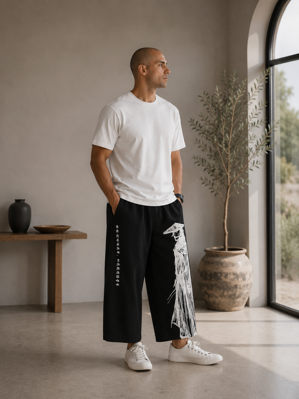 Men's Printed Cotton-Linen Cropped Pants - Black - Product Image 1