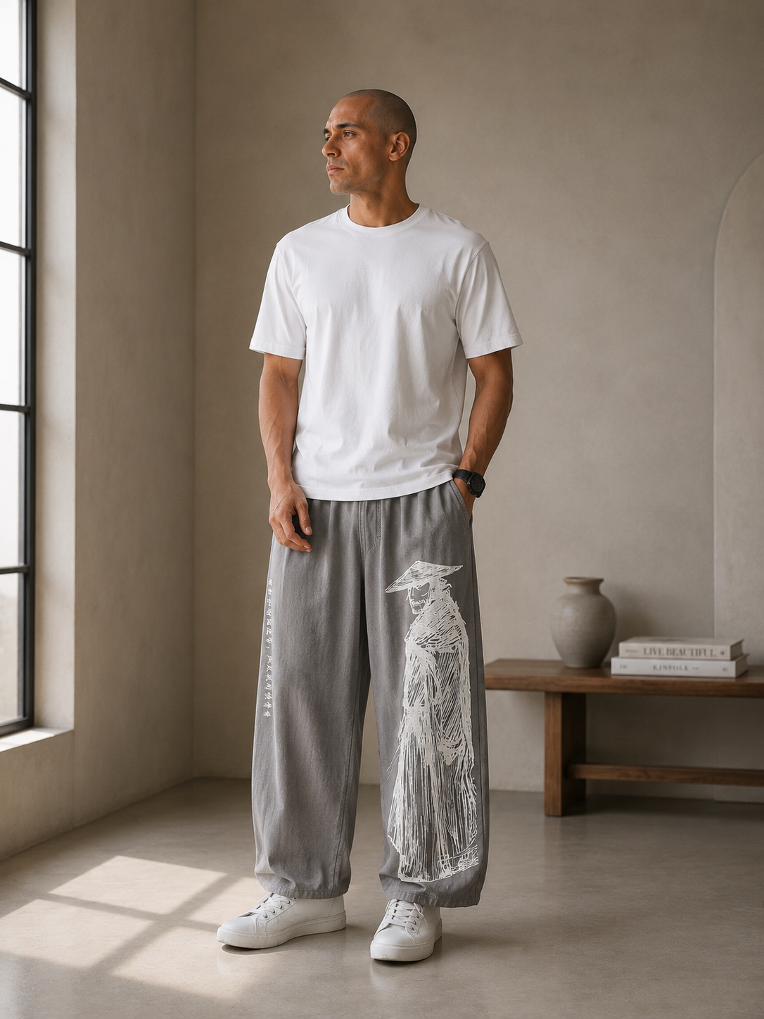 Men's Printed Cotton-Linen Cropped Pants - Black - Product Image 2
