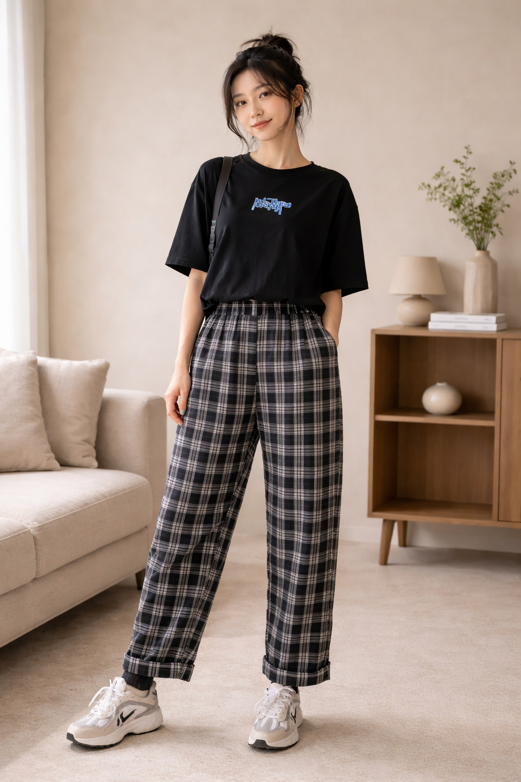 Retro Plaid Wide-Leg Trousers — model photo