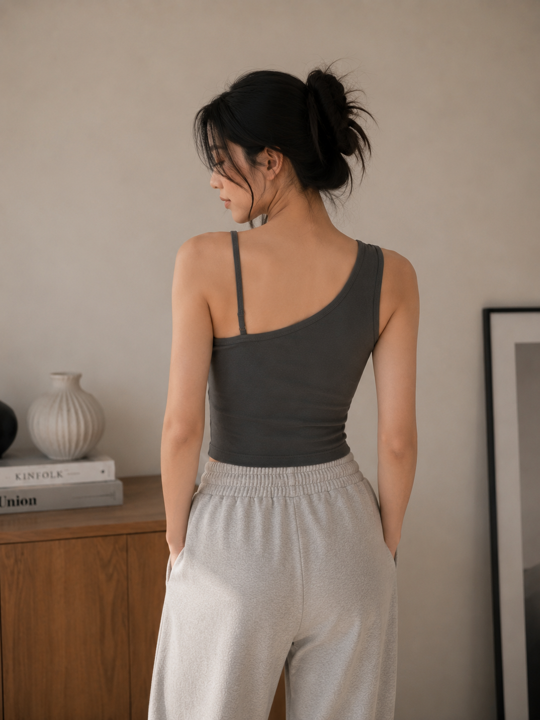 Women's Asymmetrical Cotton Tank Top - Black - Product Image 2