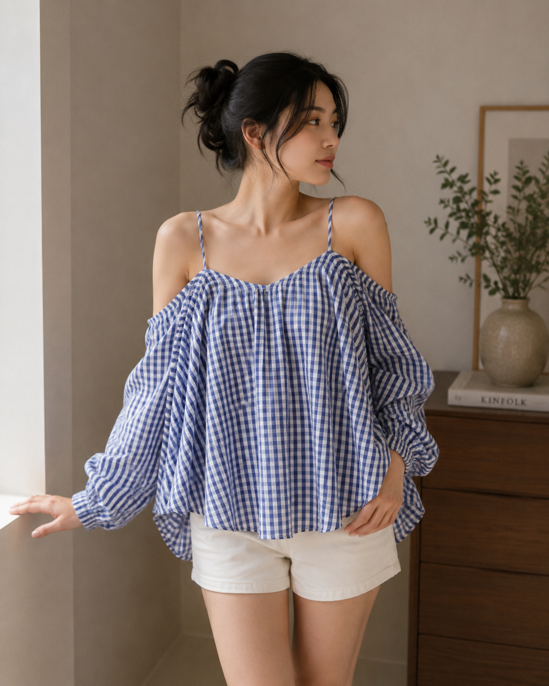 Women's Checkered Cold-Shoulder Top - Blue - Product Image 1