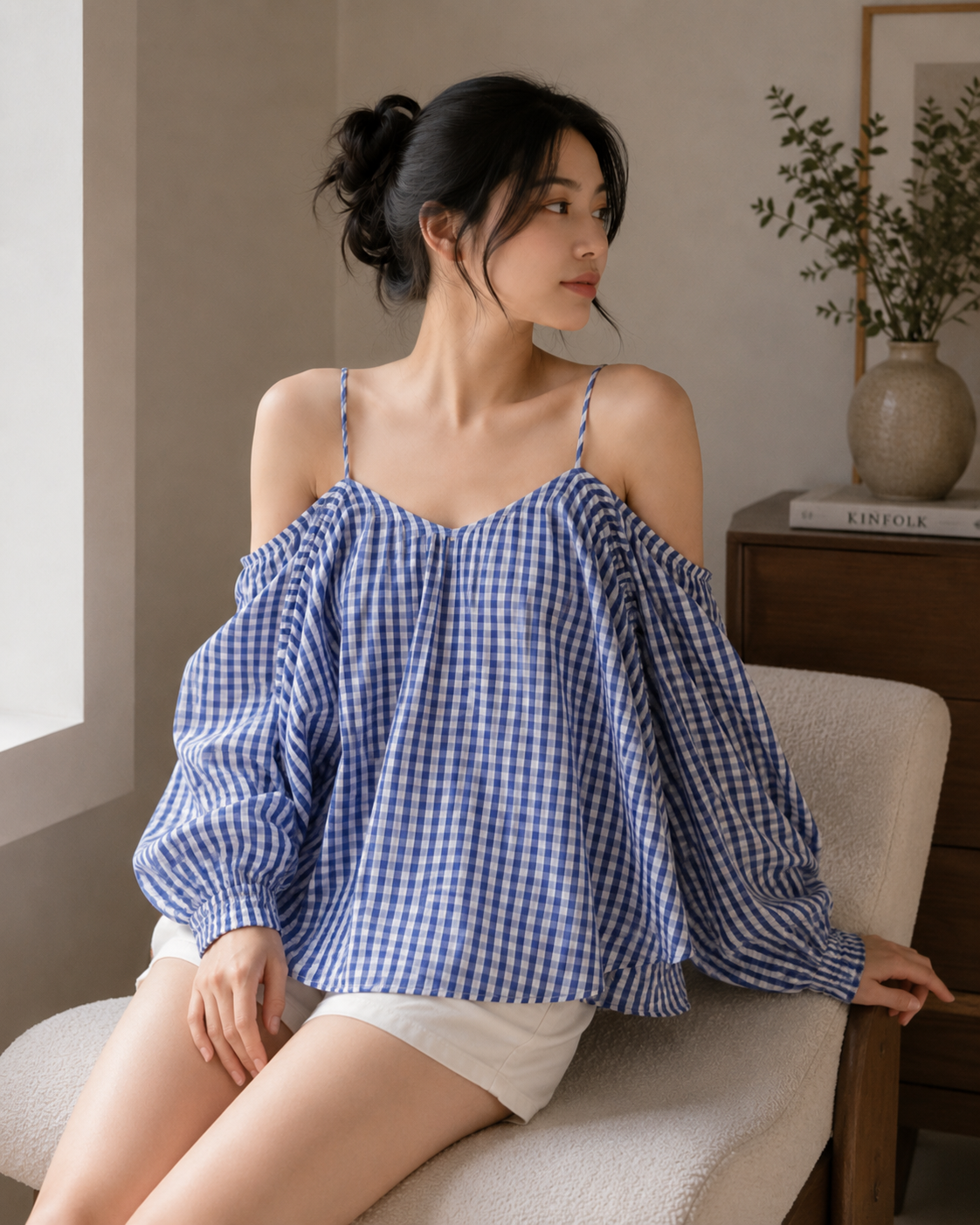 Women's Checkered Cold-Shoulder Top - Blue - Product Image 2