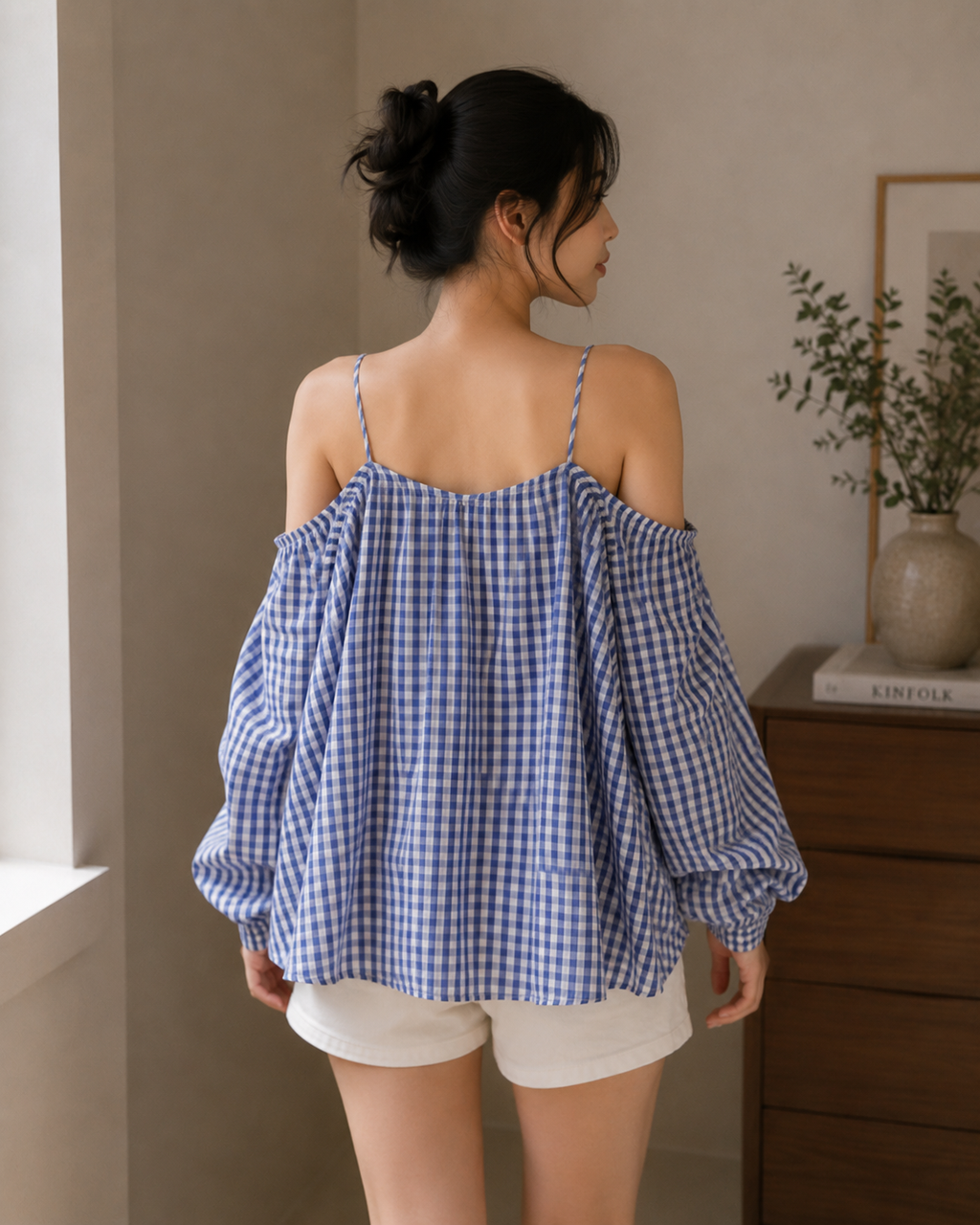 Women's Checkered Cold-Shoulder Top - Blue - Product Image 3