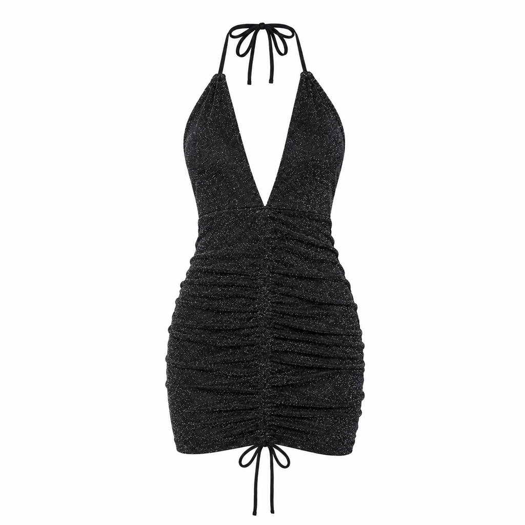 Midnight Shimmer Halter Mini Dress - Black - Product Image 3