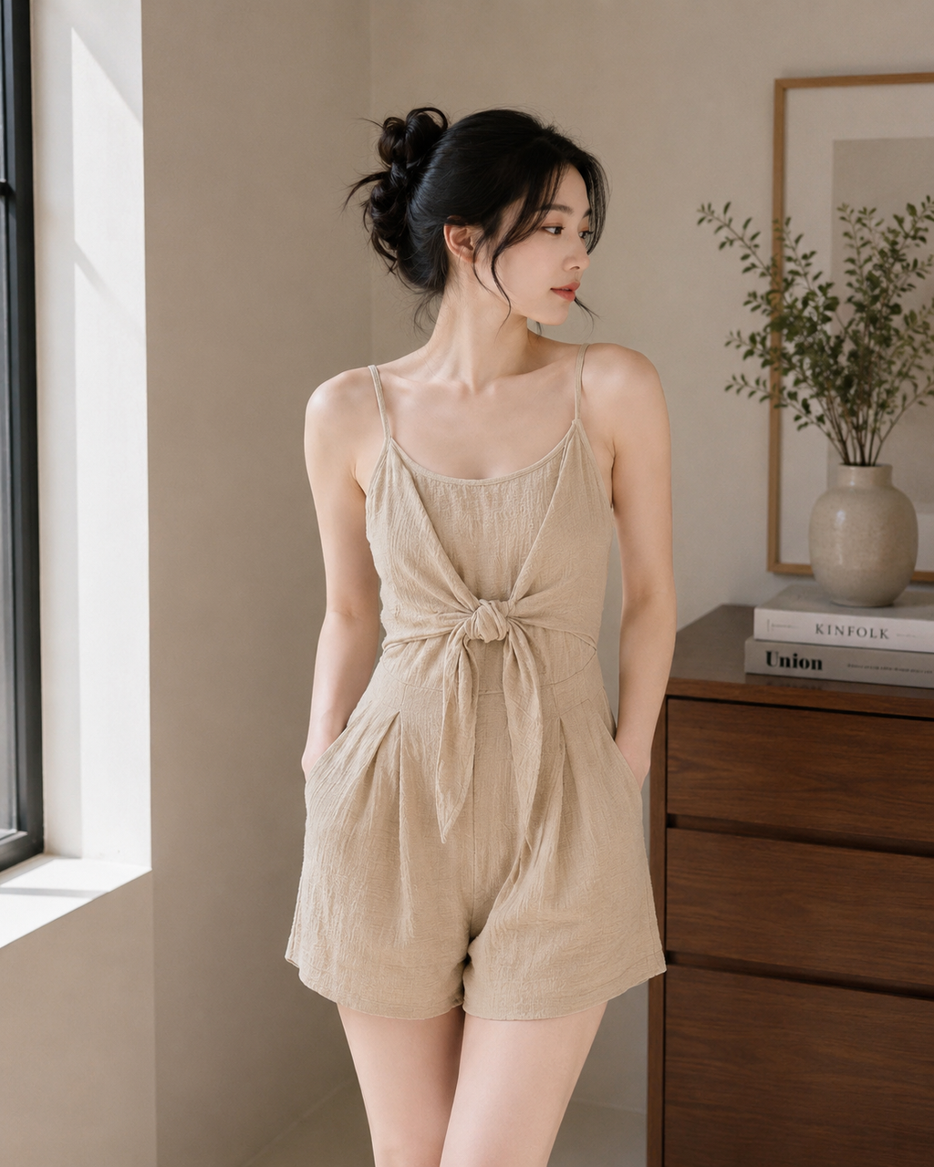 Women's Front-Tie Cotton Cami Romper - Navy - Product Image 1