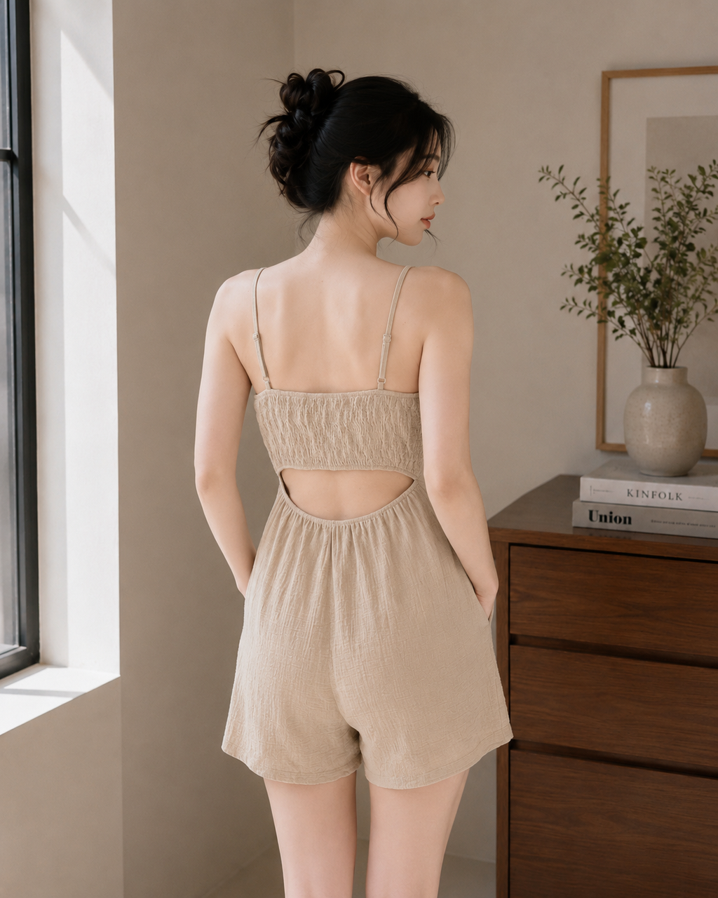 Women's Front-Tie Cotton Cami Romper - Navy - Product Image 2