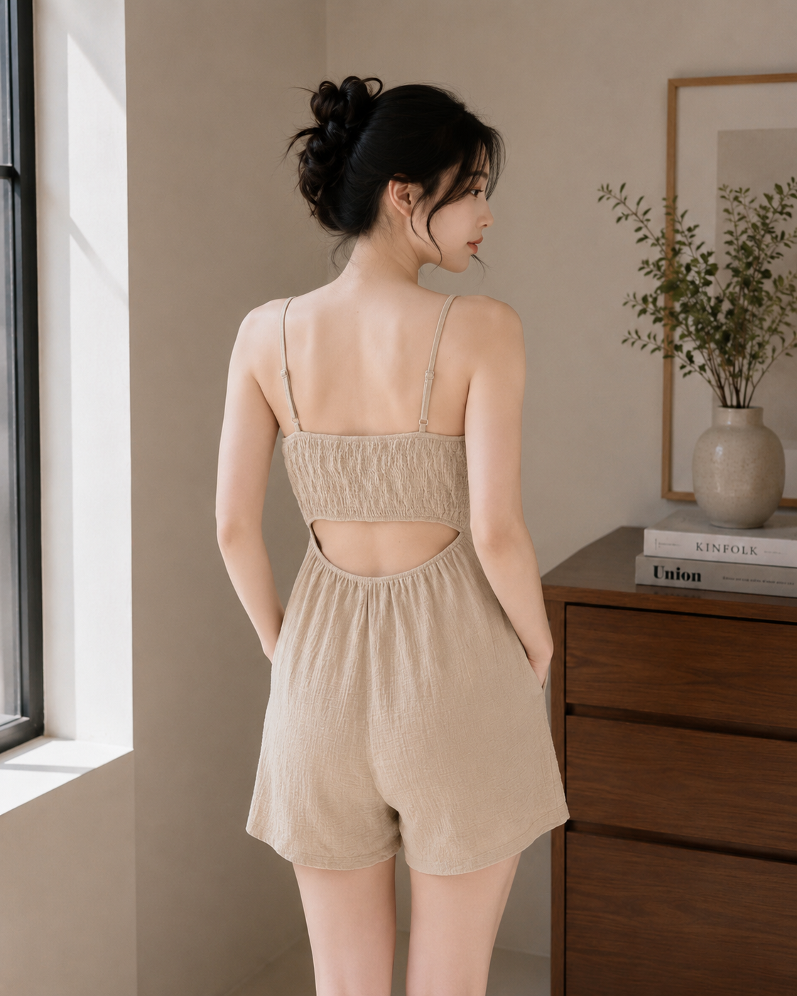 Women's Front-Tie Cotton Cami Romper - Navy - Product Image 2