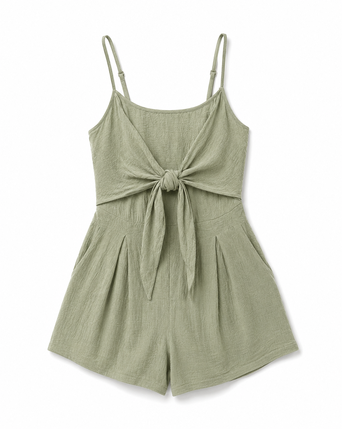 Women's Front-Tie Cotton Cami Romper - Khaki - Product Image 7