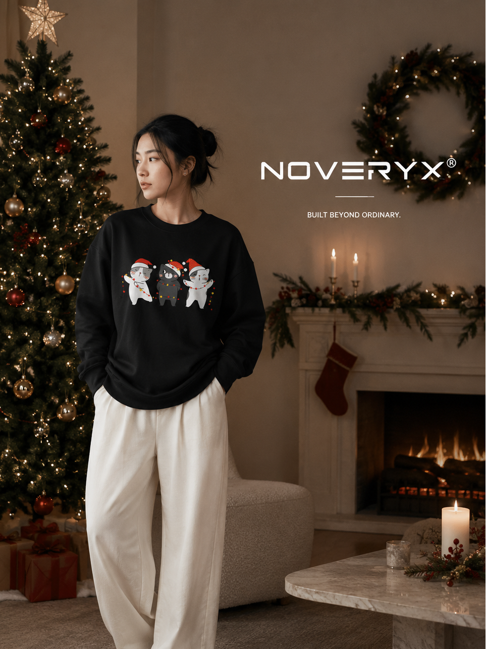 Cute Cats Christmas Crewneck Sweatshirt - Black - Product Image 1