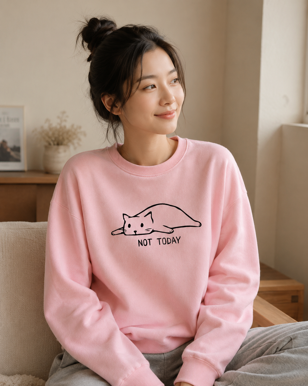 Lazy Cat Graphic Sweatshirt - Black - Product Image 1